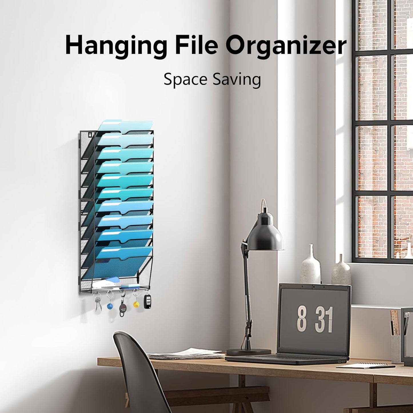 5 Tier Wall File Organizer - Hanging File Organizer with 5 Hooks, Mail Holder Wall Mounted for Papers, Folders, Magazines, Bills, Office&School Organization, Black