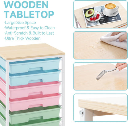 SYKIARIOL Rolling Storage Utility Cart with 6 Drawers and Wooden Tabletop for Under Desk Storage,White