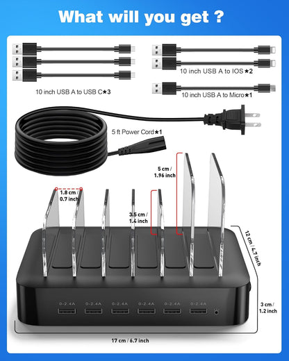 MSTJRY Charging Station for Multiple Devices : 6 Port USB Charger Stations - Family Multi-Device Organizer Charging Dock - Designed for iPhone iPad Android Cell Phone Tablet and Electronic, Black