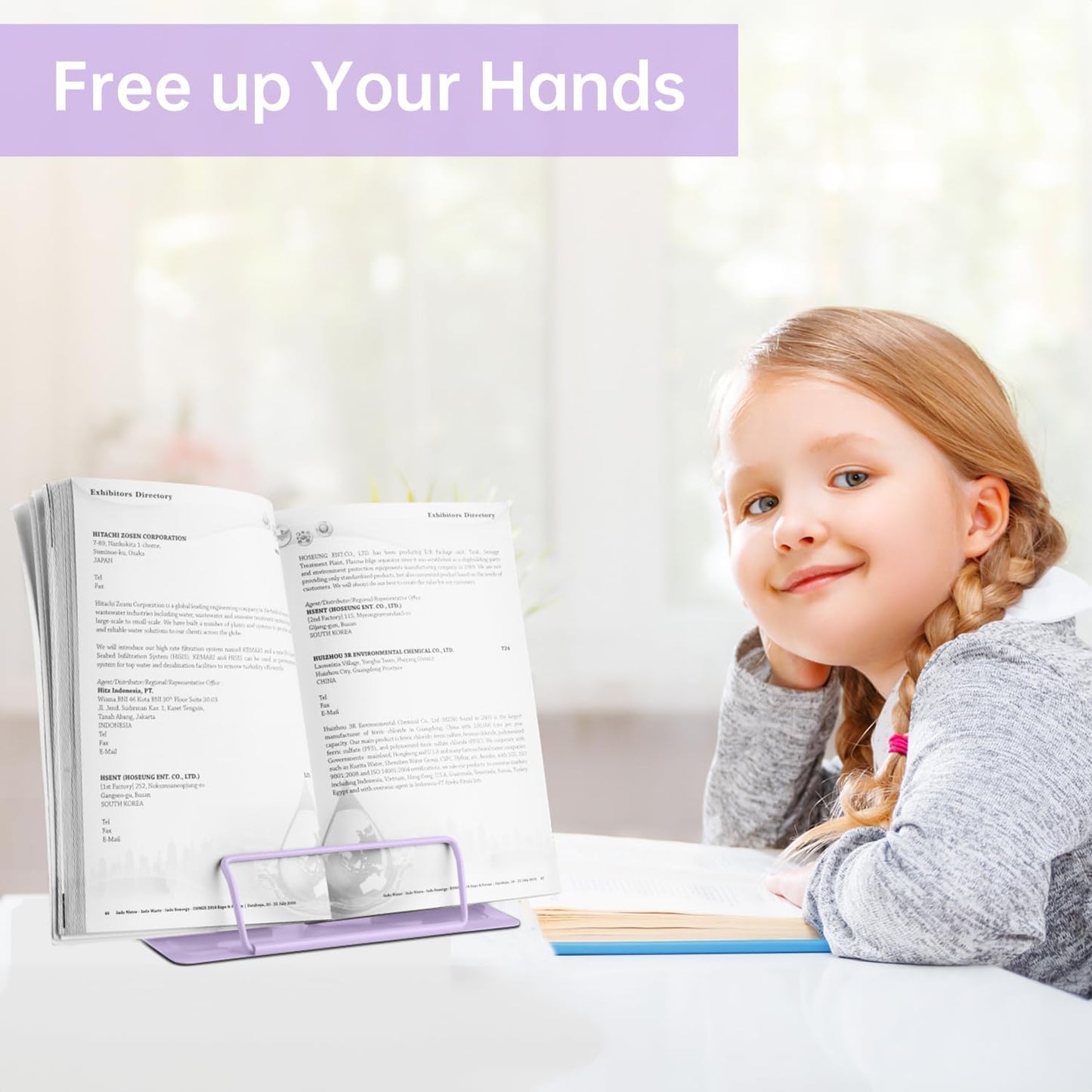 Honagu Metal Desk Book Holder, Hands Free Adjustable Cookbook & Document Holder, Portable Bookstand for Music Books, Textbooks, Recipes, Tablets & iPads (Purple)