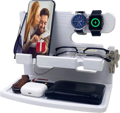 VEIYAILU Gifts for Men Women Dad Husband Boyfriend Wood Phone Docking Station Nightstand Organizer for Men Birthday Gifts (Dark Brown)