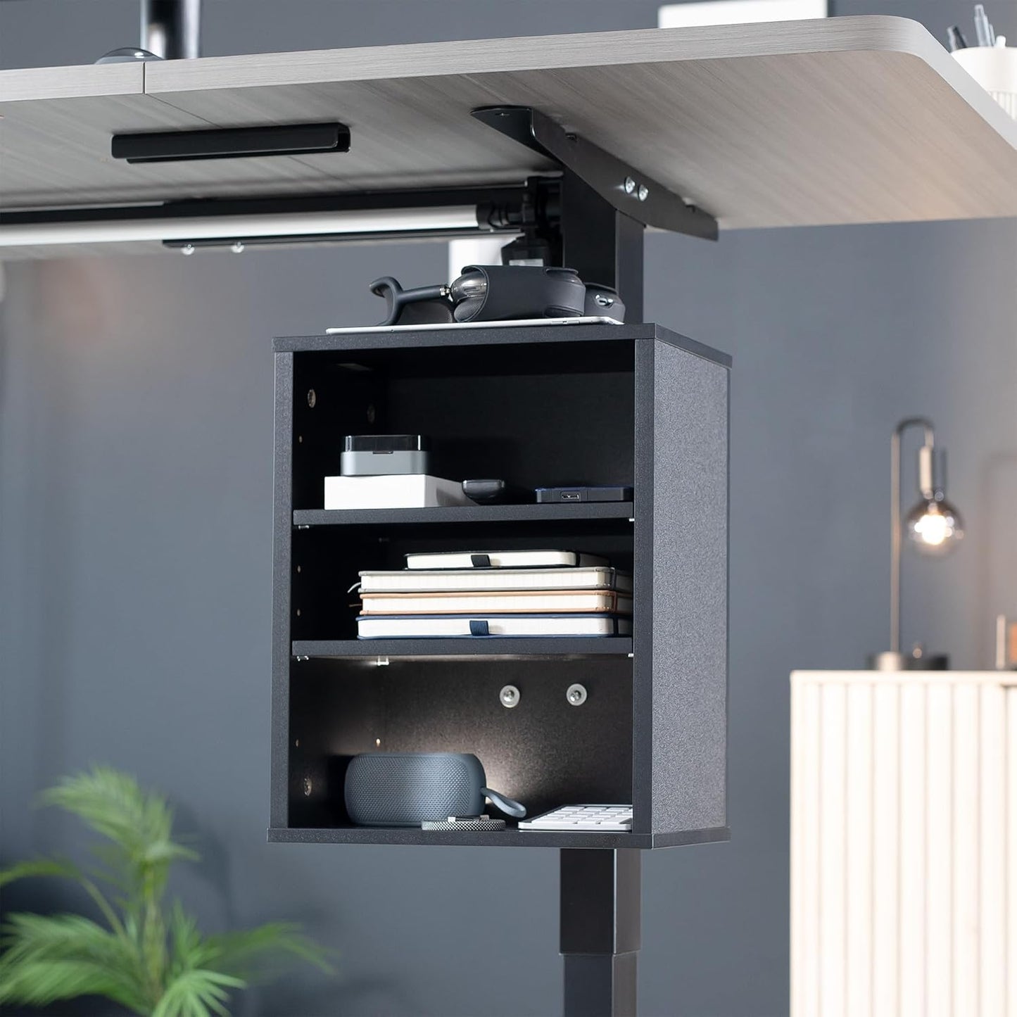 VIVO Clamp-on Under Desk Shelving Unit, Office Accessory Holder for Supplies, Gaming Devices, and More, Multi-Level Storage Shelves, Workstation Organizer, Black, DESK-SHELF3CL