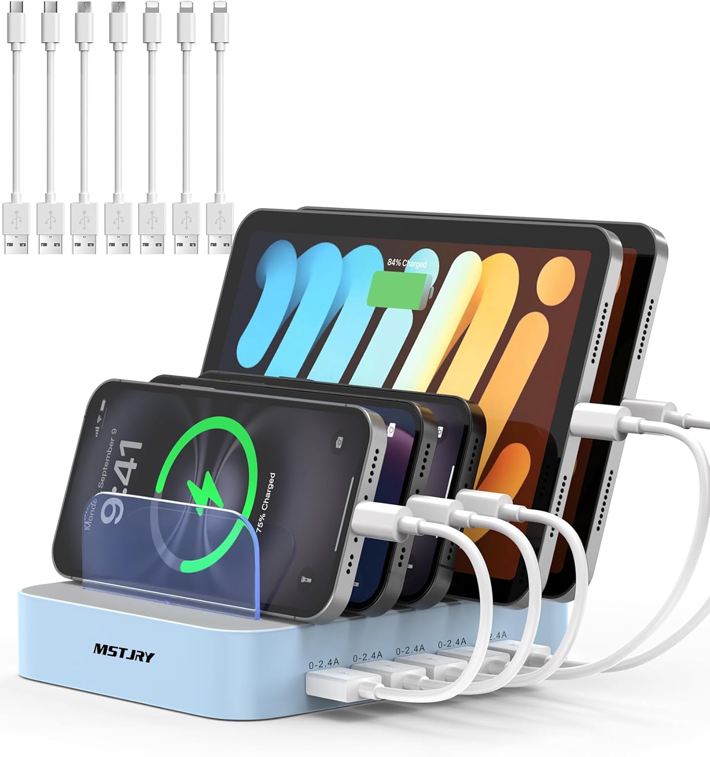 MSTJRY Charging Station for Multiple Devices : 5 Port Multi USB-A Charger Stations Multi-Device Organizer Charging Dock Designed for iPhone iPad Cell Phone Tablets (7 Short Cables Included)
