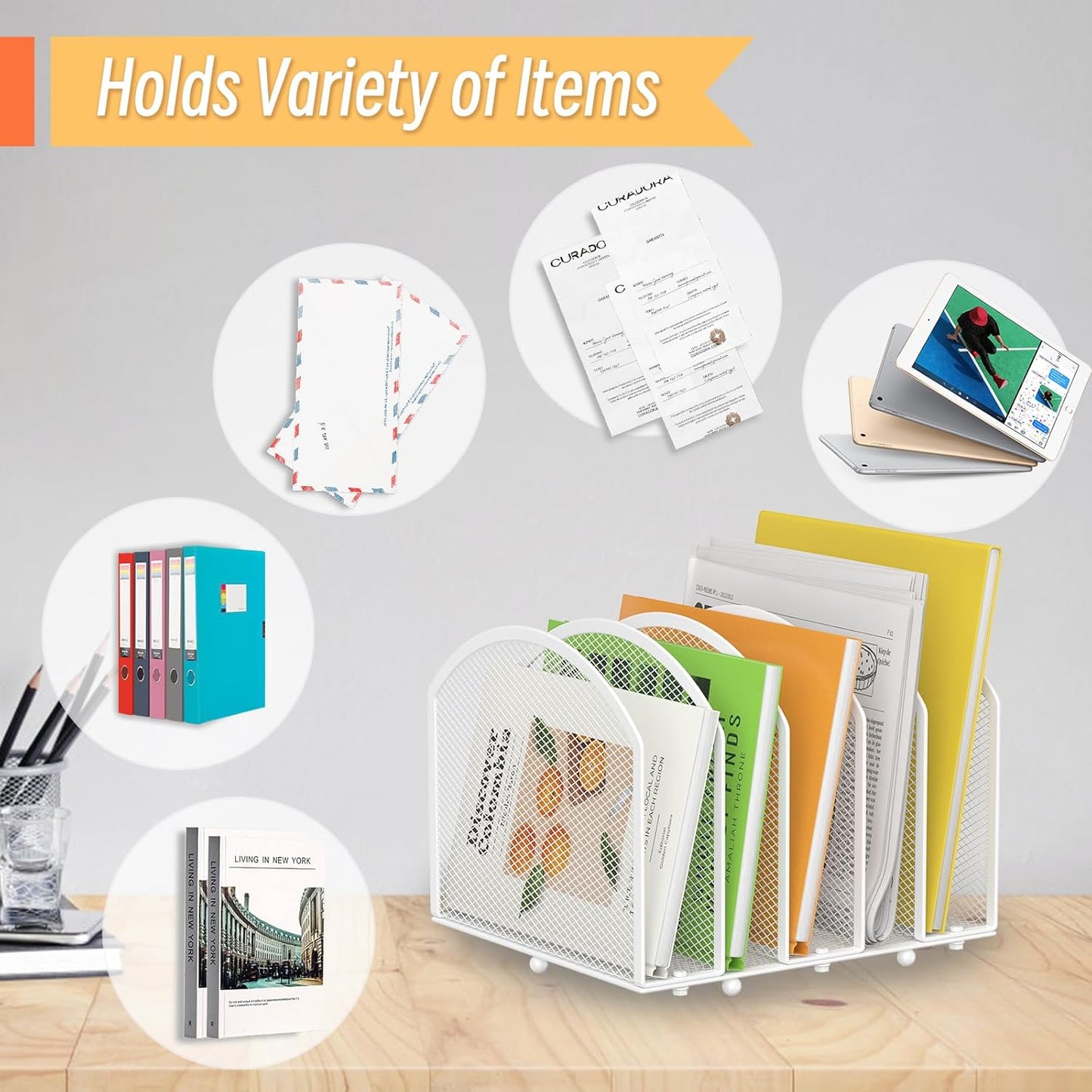 MINDEPOT 5-Section Desk File Organizer, Vertical Desktop File Holder Mail Sorter File Folder Holder Organization for Office School & Classroom (Black - 1Pack)
