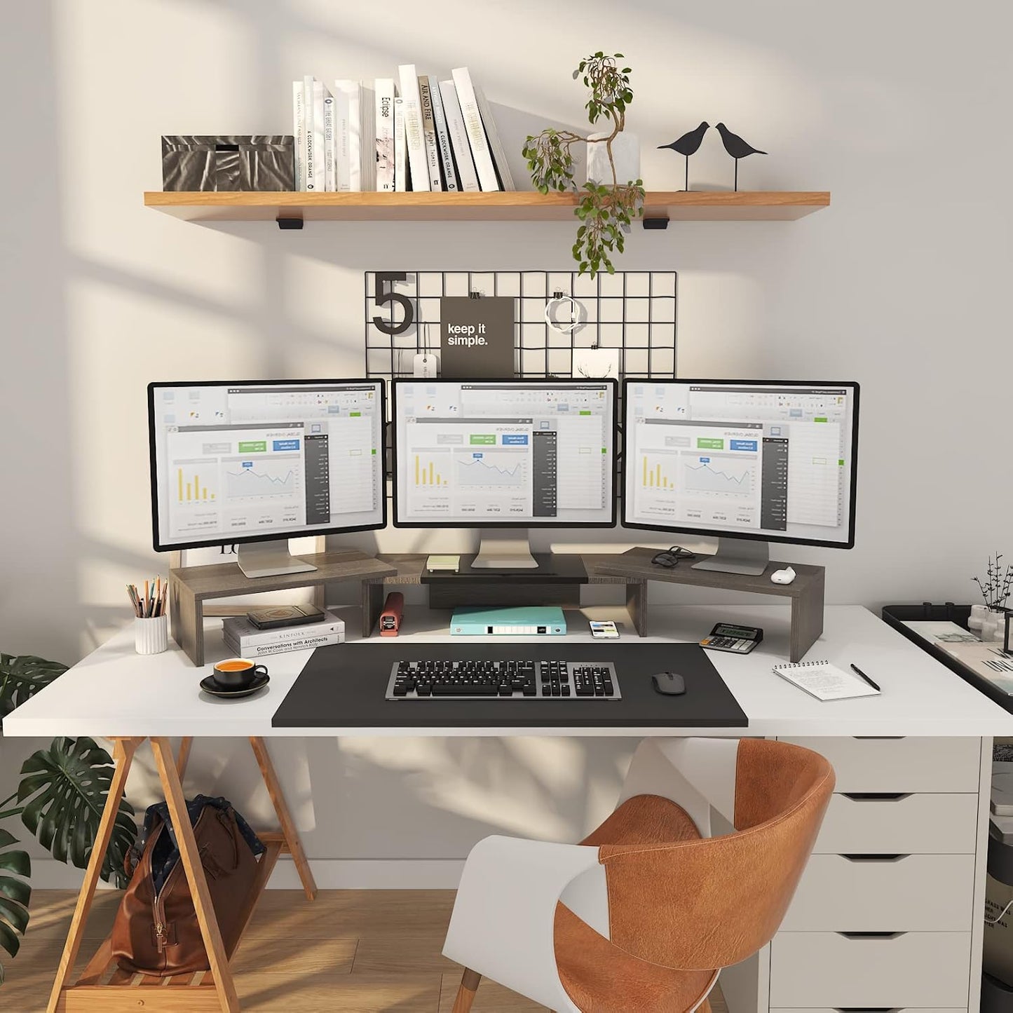 WESTREE Triple Dual Monitor Stand Riser, Extra Long Monitor Stand for 1~2~3 Monitors, Monitor Stand with Length and Angle Adjustable, 3 Shelf Desktop Storage Riser for Monitor Computer Screen Laptop