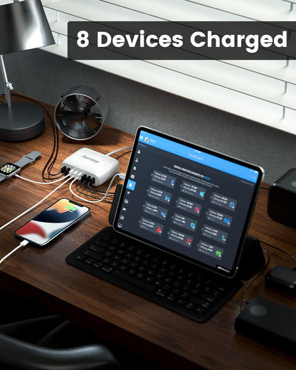 USB Charger Station, SUPERDANNY 8-Port Desktop Charging Station for Multiple Devices, Compatible with iPhone 11/X/Xs/Max/XR/SE/8/Plus, iPad Pro/Air/Mini, AirPods, Galaxy S10 Note, LG, and More, Black