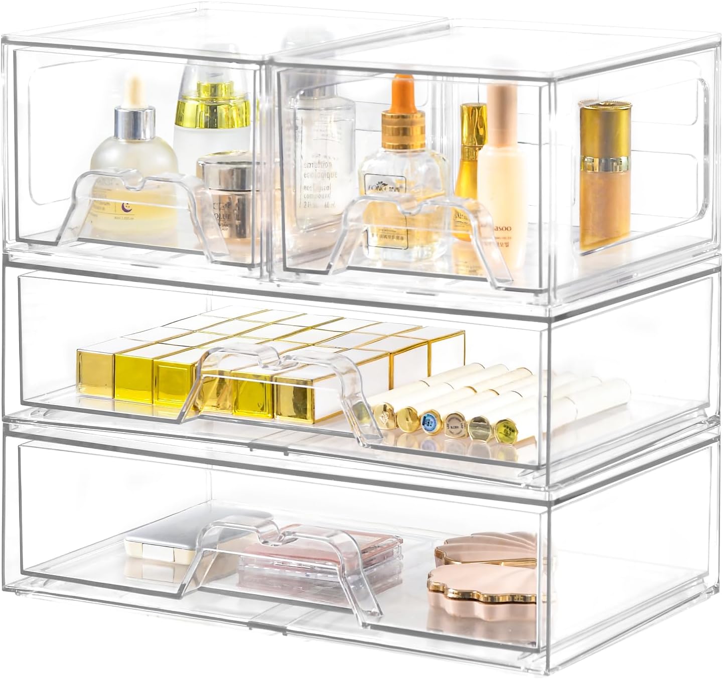 Stebopum 6 Pack Stackable Makeup Organizer, 4.4'' Tall Acrylic Bathroom Makeup Organizer and Storage Drawer with Pull-out Handle, Clear Plastic Storage Bins for Vanity,Pantry,Desk,Undersink,Kitchen