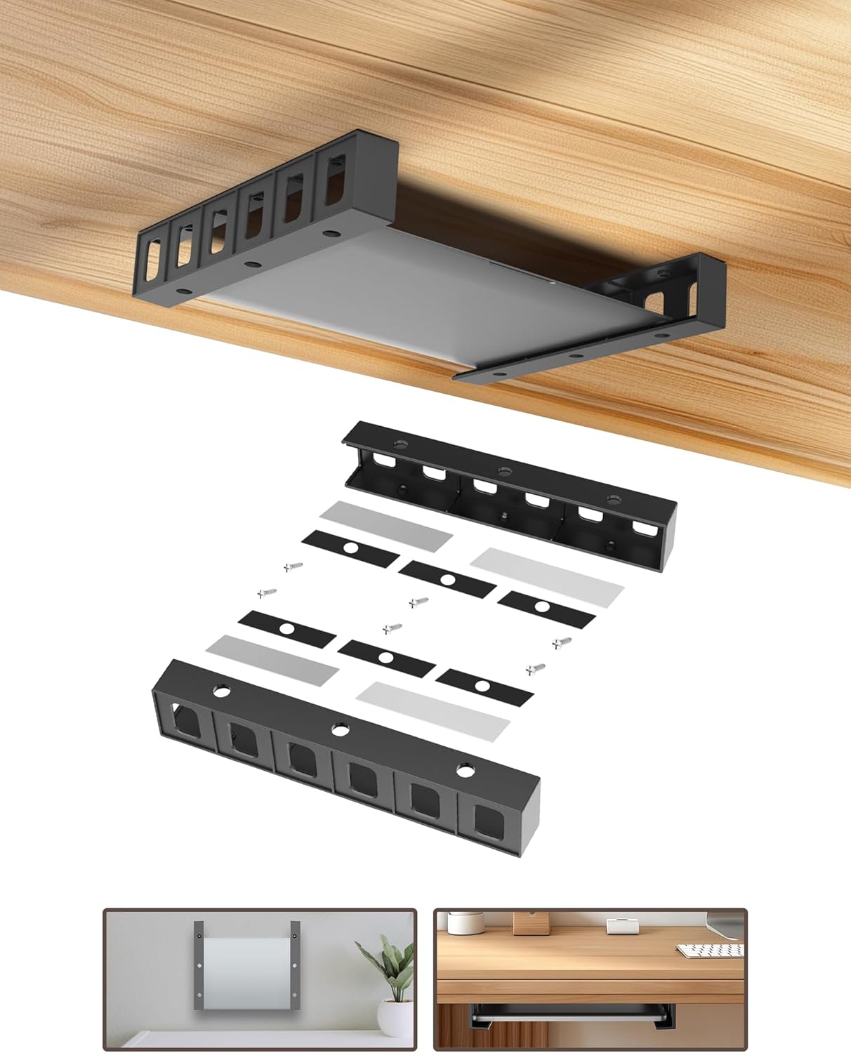 Under Desk Mount Holder or Wall Mount, Fit for Laptop, Keyboard, Routers, Modems, Cable Box, Network Switch and Devices Up to 40mm/1.57in Thick (Black)