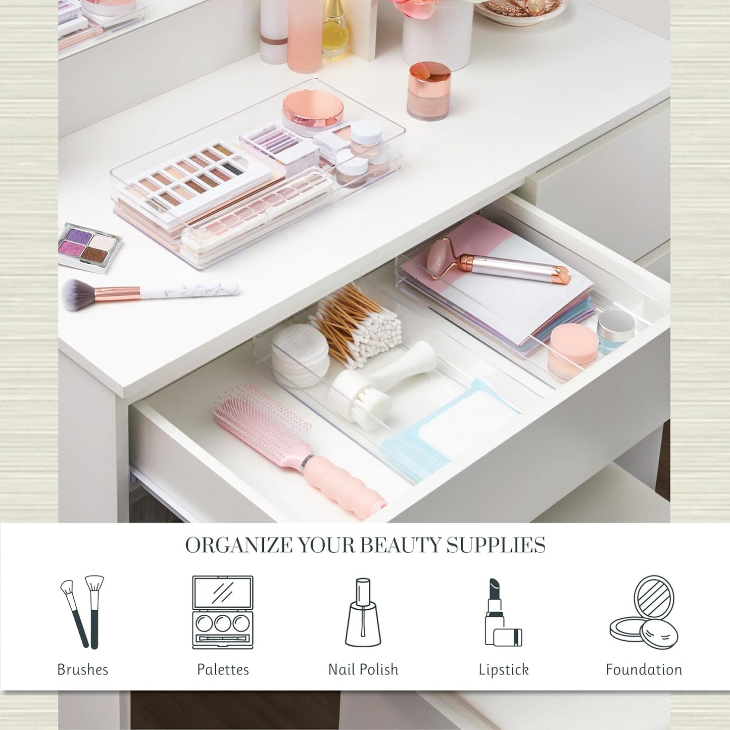 STORi SimpleSort 3-Piece Stackable Clear Drawer Organizer Set | 9" x 6" x 2" Rectangle Trays | Wide Makeup Vanity Storage Bins and Office Desk Drawer Dividers | Made in USA