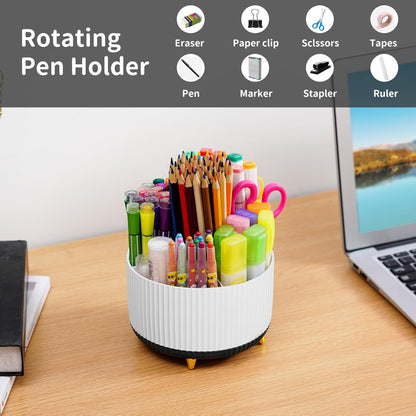 Marbrasse Desk Organizer, 360-Degree Rotating Pen Holder, Desk Organizers and Accessories with 5 Compartments Pencil Holder, Art Supply Storage Box Caddy for Office, Home（White）