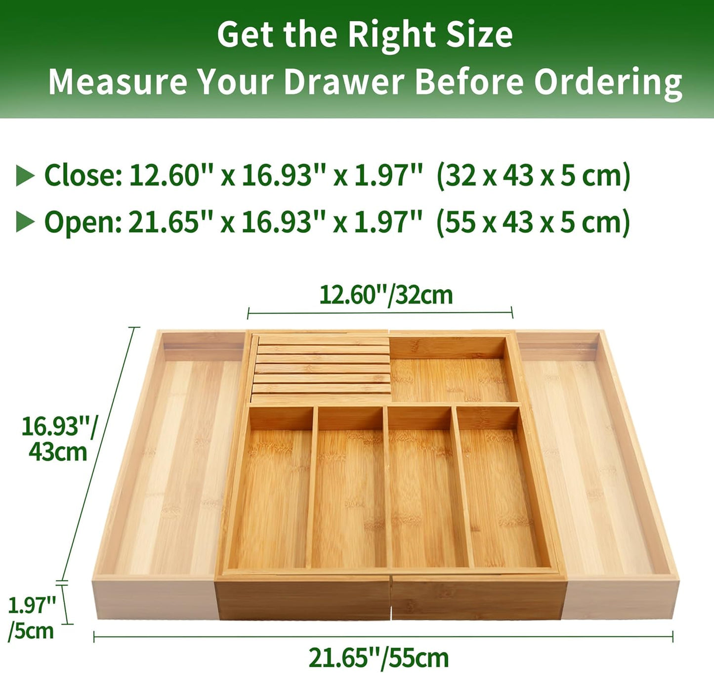 VaeFae Bamboo Silverware Drawer Organizer Kitchen, Expandable Utensil Organizer with Knife Block, Cutlery Tray with Divider, Multifunctional Drawer Organizer
