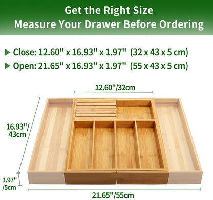 VaeFae Bamboo Silverware Drawer Organizer Kitchen, Expandable Utensil Organizer with Knife Block, Cutlery Tray with Divider, Multifunctional Drawer Organizer