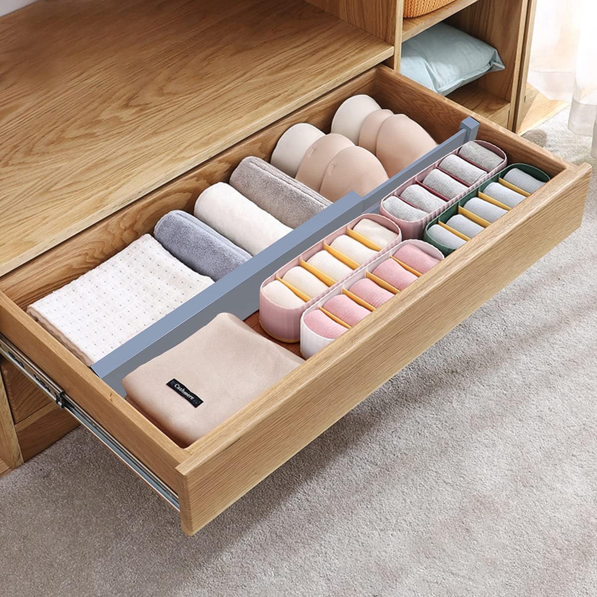 ANTOWIN Bamboo Drawer Dividers Organizers, Drawer Separators Splitter,17-22 inches Long Adjustable Spring-loaded Organizer for Large Utensil, Clothes, Tools Drawers(yellow)