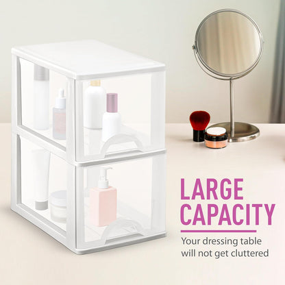 Plastic Small 2-Drawer Storage Organizer, Slim Narrow, White/Clear Crafts Drawers Storage Organizer (13"H x 10"D x 7"W)