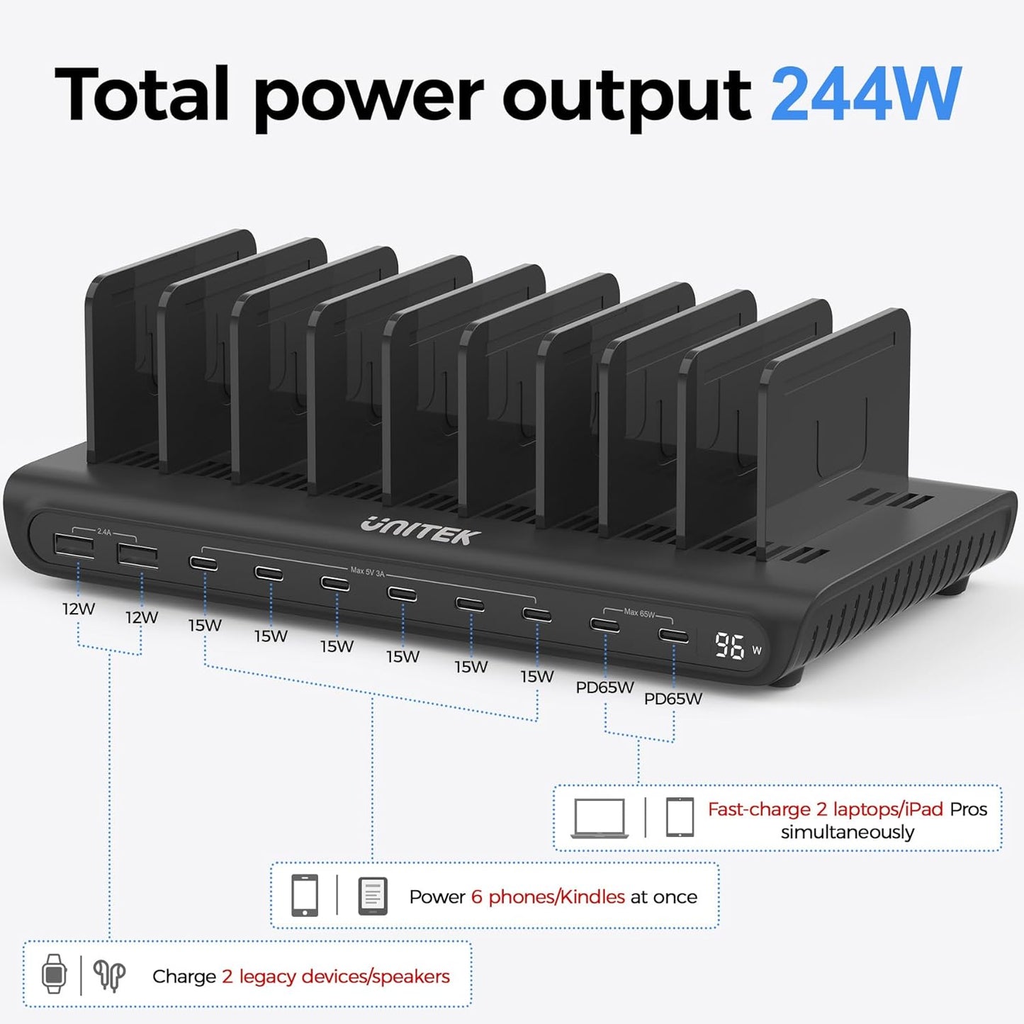 Unitek 10-Port Desktop Charging Dock Ultimate Charging Station for Multiple Devices, iPhones & Apple Products High-Speed USB Hub with LED Display for Office, Kitchen Counter, Desk Organizer