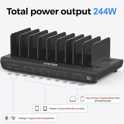Unitek 10-Port Desktop Charging Dock Ultimate Charging Station for Multiple Devices, iPhones & Apple Products High-Speed USB Hub with LED Display for Office, Kitchen Counter, Desk Organizer
