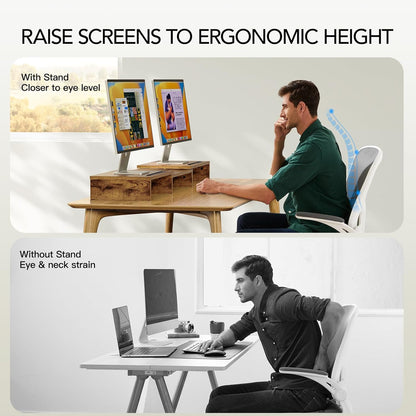 AMERIERGO Dual Monitor Stand Riser for 2 Monitors, Monitor Stand for Desk, Adjustable Computer Monitor Stand with 2 Slot, Multifunctional Desktop Organizer Stand for Laptop, PC, Computer, Printer
