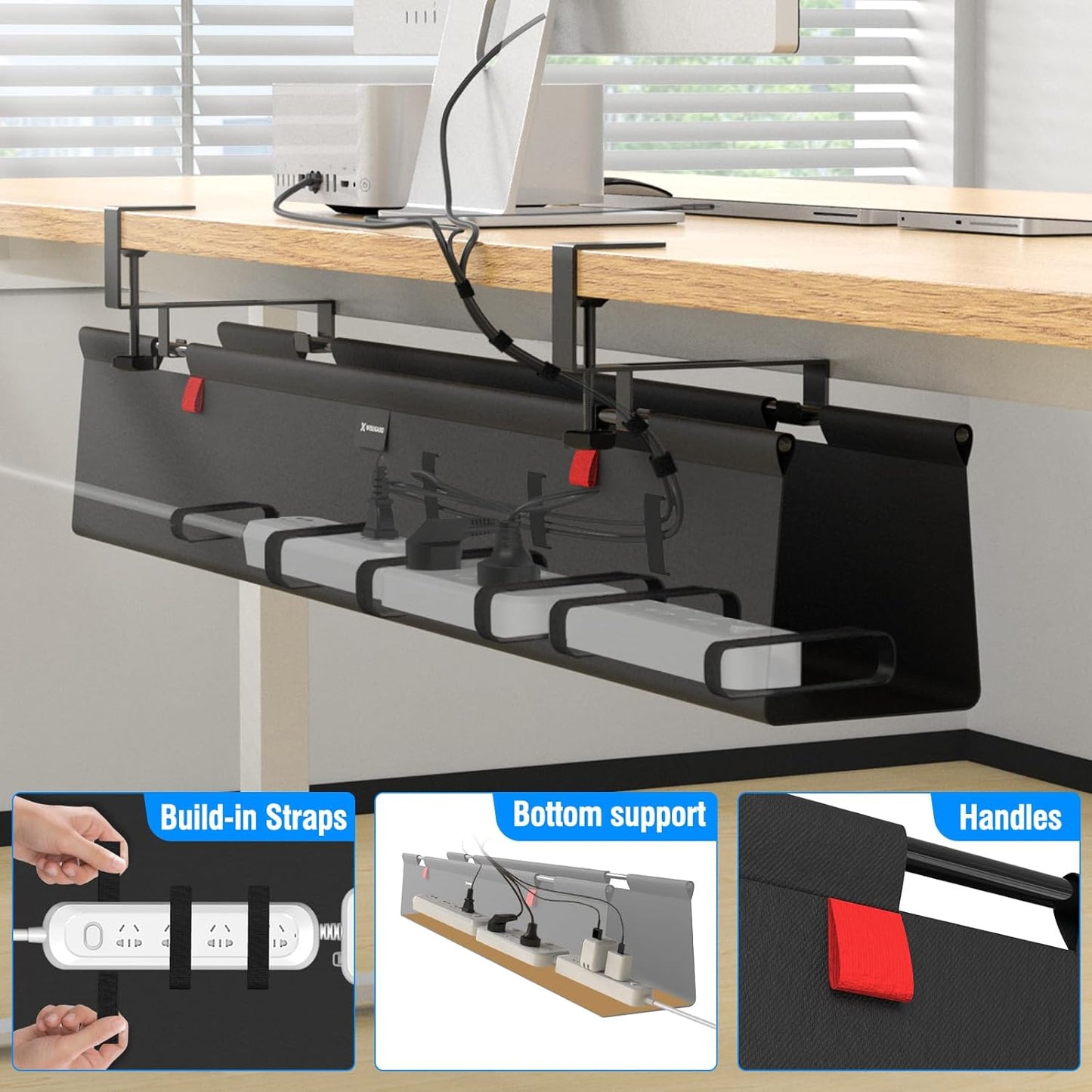 No Drill Under Desk Cable Management Tray, 28" Cord Management Tray with Cable Loop, Upgraded Oxford Fabric Wire Management for Standing Desk - No Damage to Table