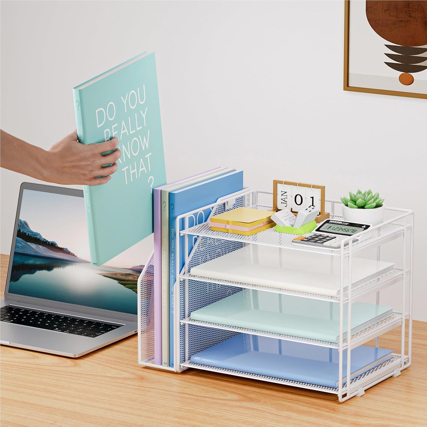 Marbrasse Desk Organizer and Accessories，4-Tier Paper Letter Tray Organizer with File Holder，Desk Accessories & Workspace Desktop Organizers for School Home Office Supplies (Blue)