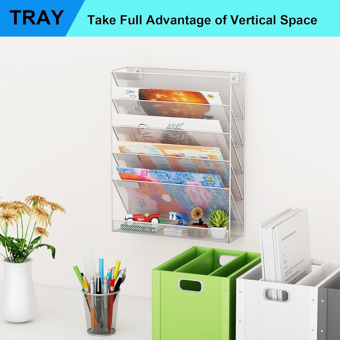 Wall File Organizer Holder Mesh Hanging Paper Document Holder,Vertical 6 Pocket Tier for Office Home, Black