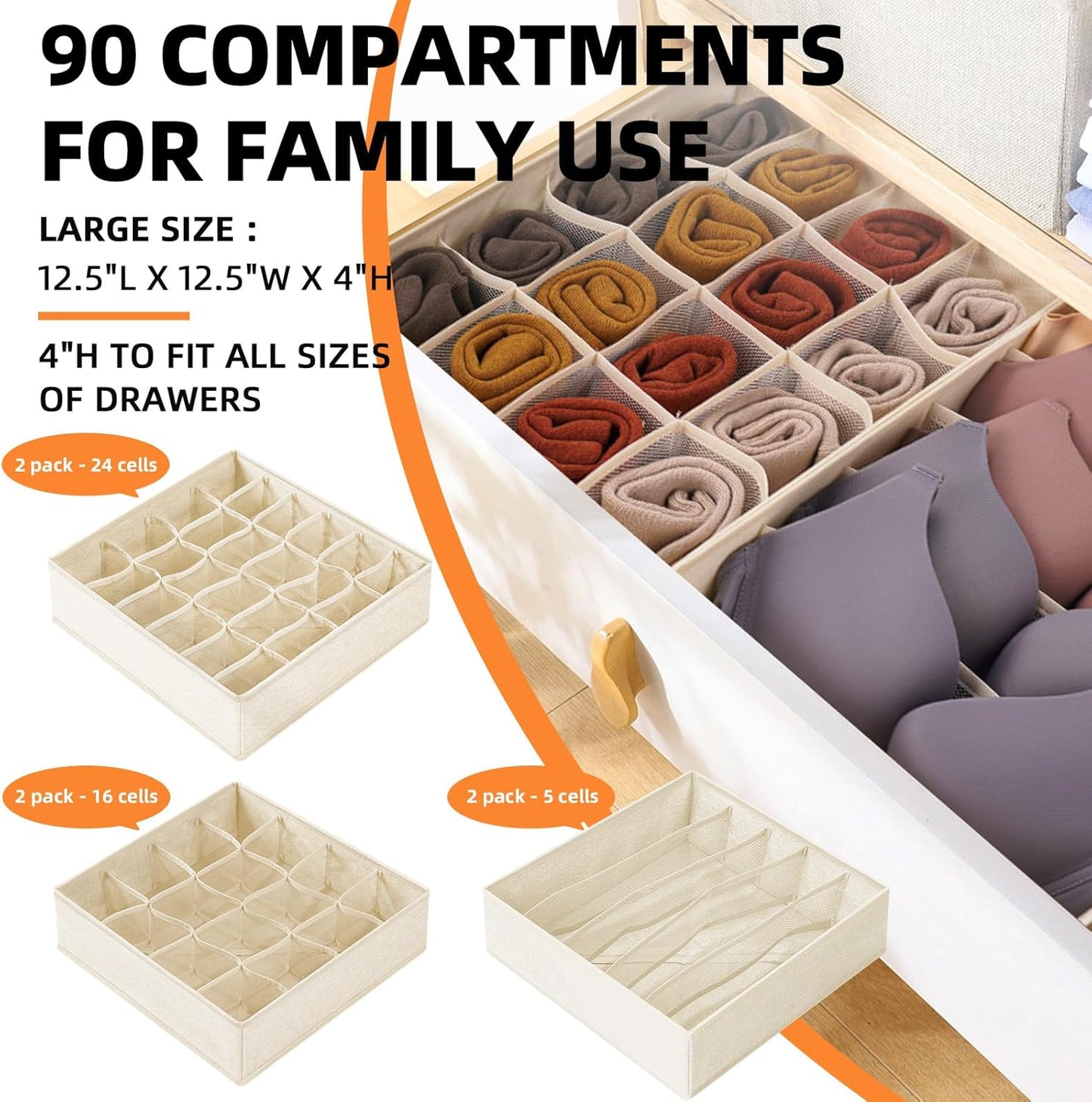 Criusia 6 Pack Large Drawer Organizer for Sock Underwear - Washable Heavy Duty Fabric Closet Organizers and Storage Bins - 90 Cells Dresser Organizer Divider for Baby Clothes, Ties, Belt (Grey)