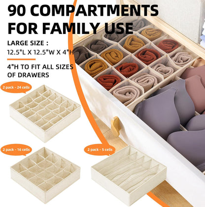 Criusia 6 Pack Large Drawer Organizer for Sock Underwear - Washable Heavy Duty Fabric Closet Organizers and Storage Bins - 90 Cells Dresser Organizer Divider for Baby Clothes, Ties, Belt (Grey)