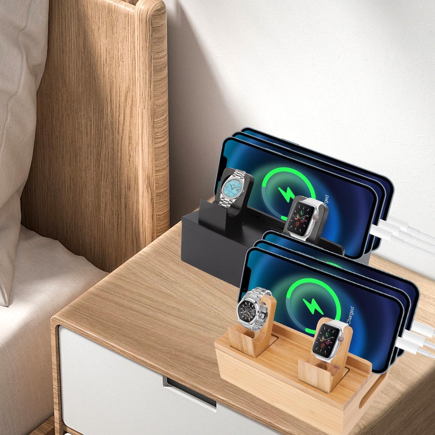 Wooden Charging Station for Multiple Devices - 5 Port USB Desktop Organizer with Watch Holder, Compatible with Phones Tablets Electronics (Black, 11.3x13x17cm/4.4x5.1x6.7in)