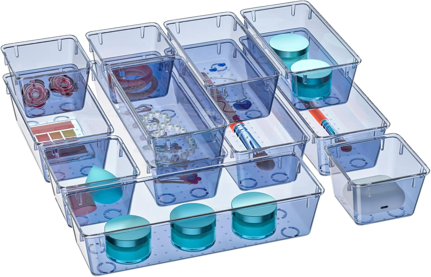 WOWBOX 6 Pack Clear Drawer Organizer Set, Acrylic Drawer Storage Trays, Storage Bins for Makeup, Cosmetics, Jewelries, Utensils, Gadgets, Office