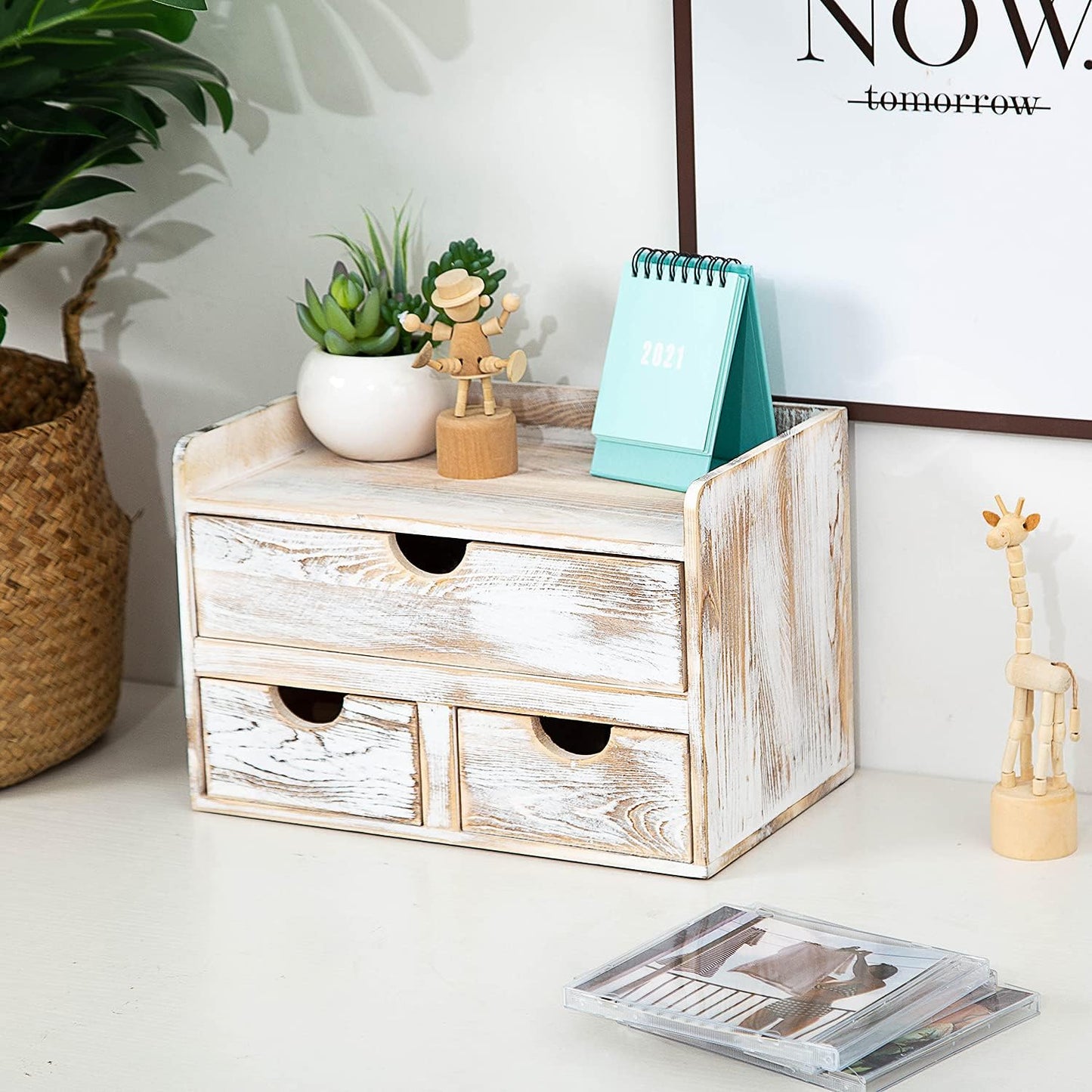 Rustic Distressed white 3-Tier Bamboo Desk Organizer with 3 Drawers Mini Storage Shelf For Desk, Toiletries Vanity Office Supplies (bamboo)