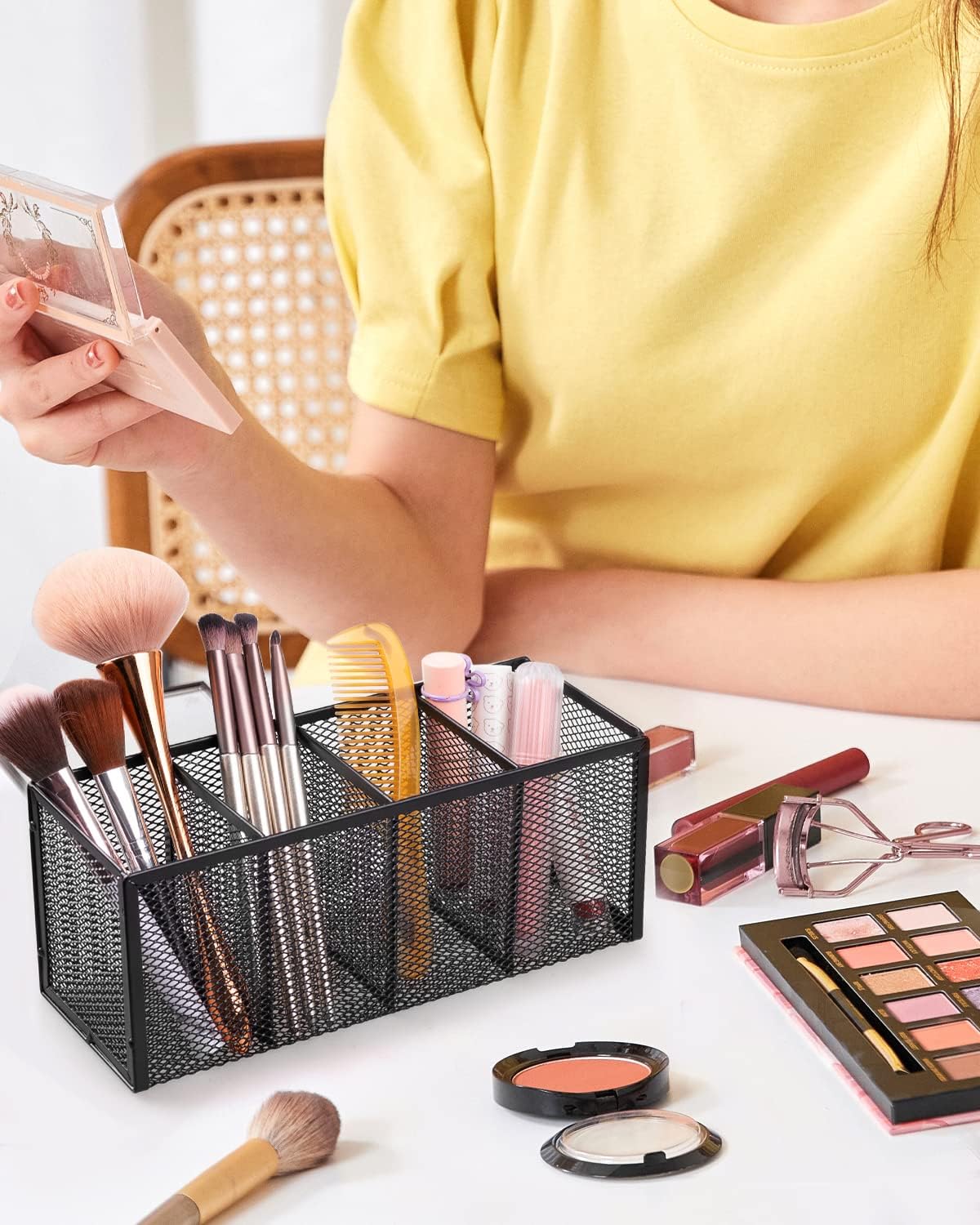 QYH Mesh Pencil Holder Metal Pen Cup Black for Desk 6 Packs, Office Caddy Storage