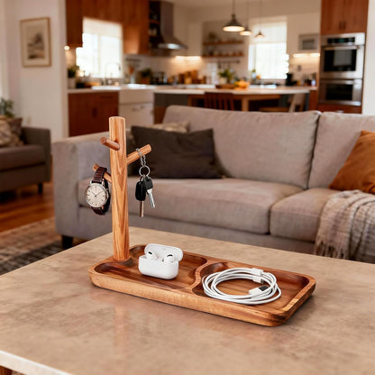 Acacia Wood Key Tray for Entryway Table, Wooden Catchall Organizer with Jewelry Storage Rack, Valet Tray for Keys Wallet Watches Sunglasses Rings(Rectangle)