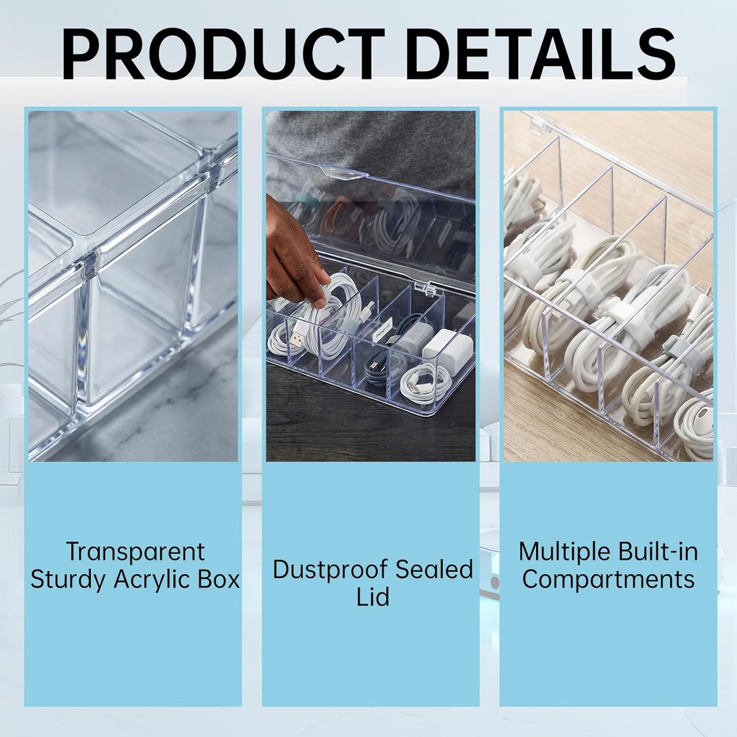 3 Pack Cable Organizer Box with Silicone Straps, Plastic Cord Management Box with Lid for Desk Home Office and Electronics Accessories Storage