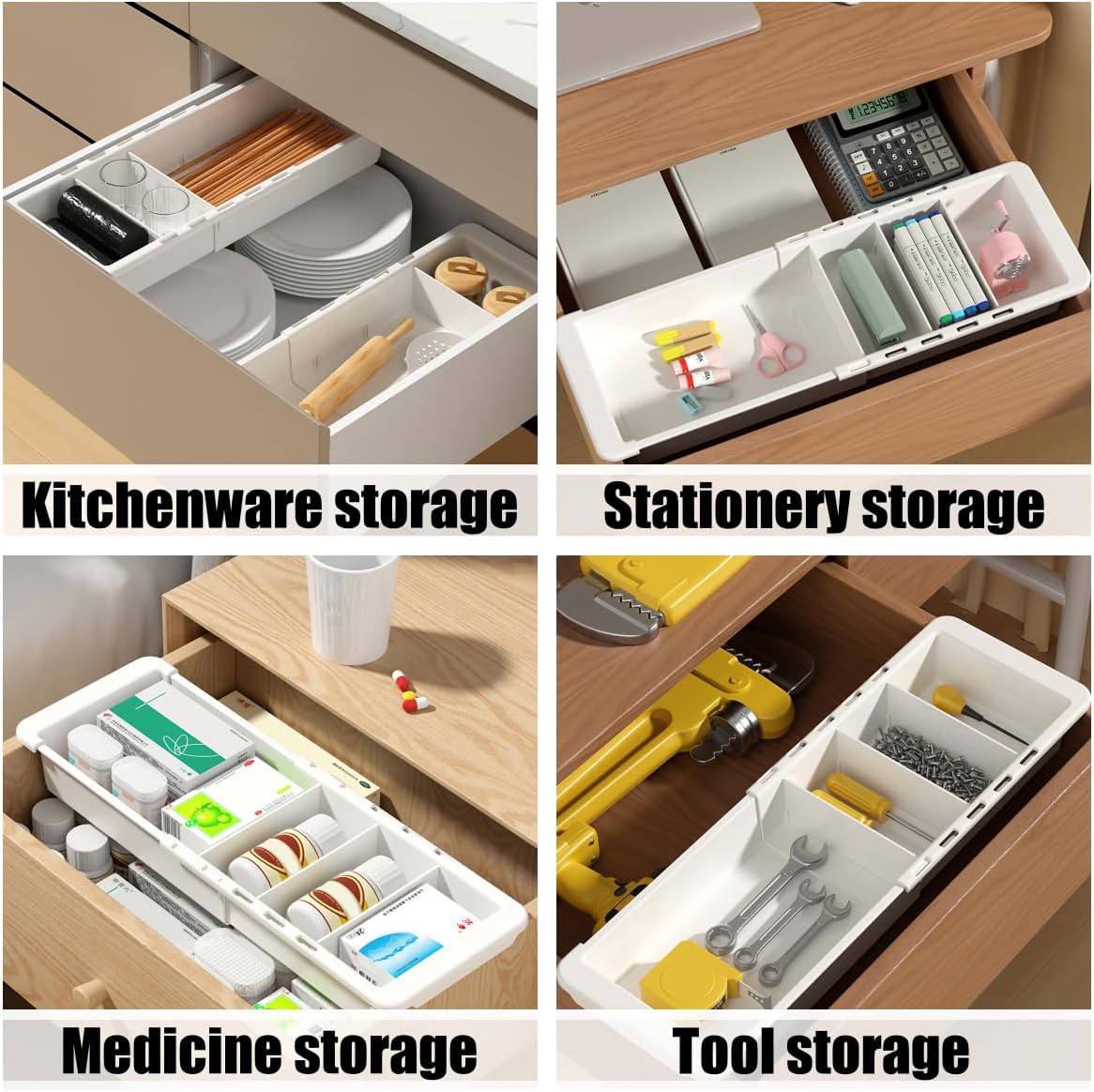 YOOUSOO Expandable Drawer Organizer, 2 PCS Adjustable Drawer Organizer Trays, Drawer Dividers Organizers and Storage For Office Supplies, Pens, Makeup,Utensils, Tools, Flatware and Junks, White
