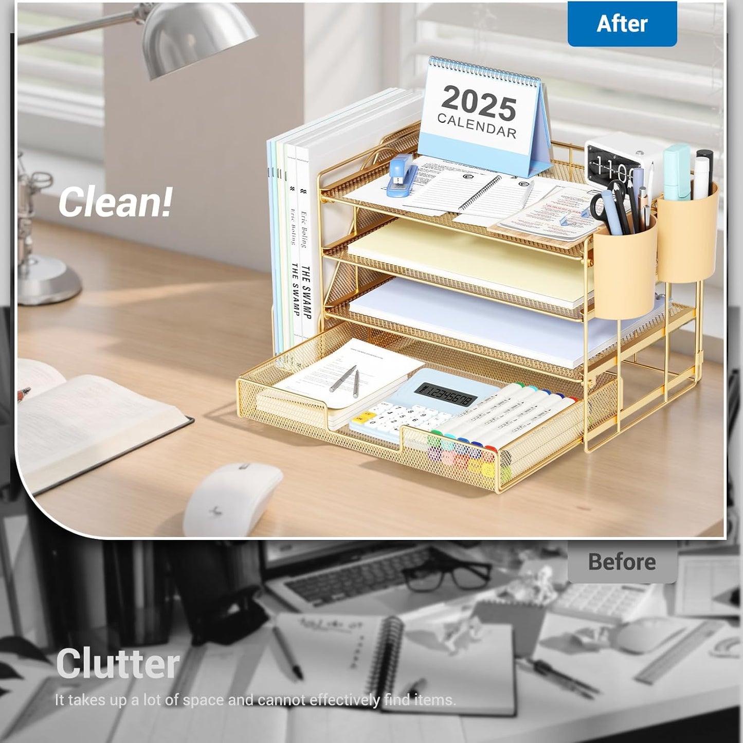 OPNICE Desk Organizers and Accessories, 4-Tier Office Desk Accessories & Workspace Organizers with Drawer and Pen Holder, Desktop Paper Tray File Organizer for Home Office Supplies, Gold
