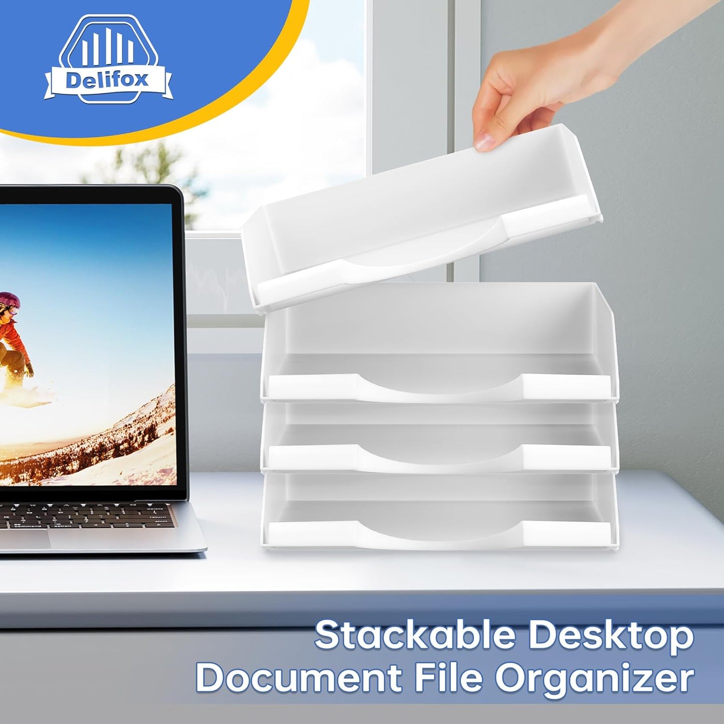 4 Pack Stackable Paper Trays for Letter Documents, Desktop File Organizers for Office Supplies, Stackable Desk Tray Holder for Paper Storage, Black