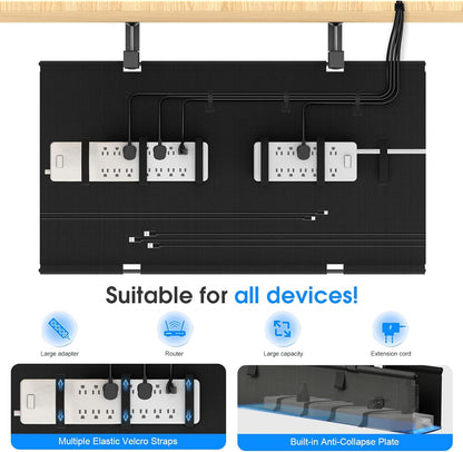 Under Desk Cable Management Tray, 40-inch No-Drill Cord Organizer with Anti-Sag Reinforced Base, Fabric Wire Management Hider for Standing Desk, Office & Gaming Accessories - Black