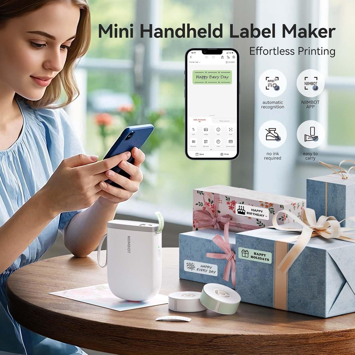 NIIMBOT D11 New Version Label Maker Machine with Tape,300DPI Bluetooth Label Printer, Portable Thermal Printer,Sticker Maker for Organizing Home Office School,Blue