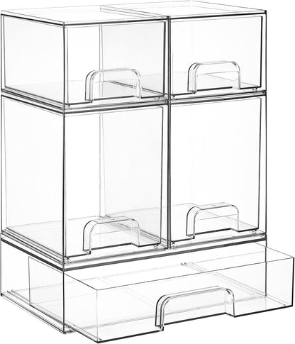 Vtopmart Stackable Storage Drawers Set of 4, Clear Plastic Organizer Bins for Bathroom Supplies,Ideal for Cabinet,Pantry,Laundry Room Organization