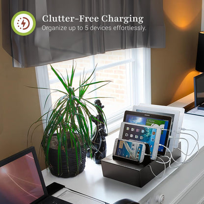 Prosumer's Choice Wooden Charging Station Organizer - 5-Port Base for Phones, Tablets and Laptops - Multi-Device Docking Station with Removable Divider Slots - Cord Box with Cable Management - Bamboo