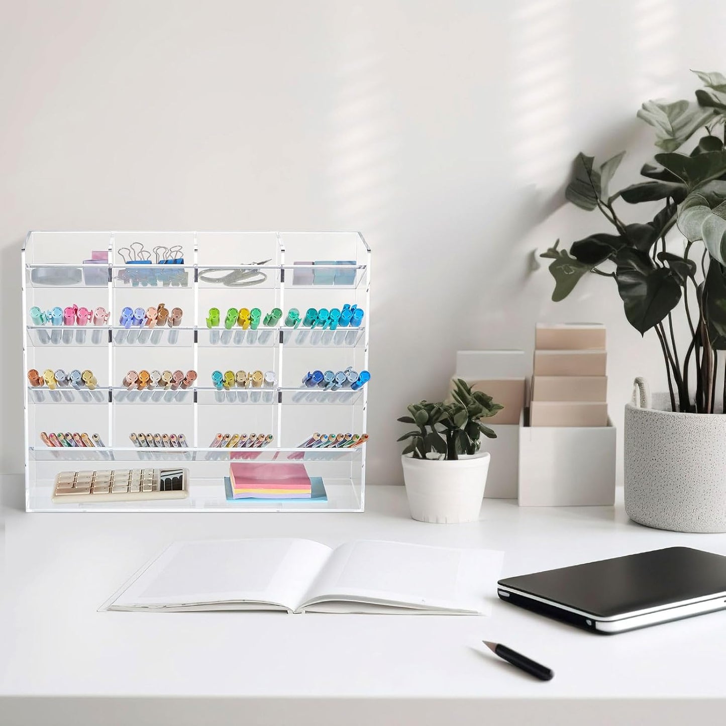 MotiMind Acrylic Pen Organizer Storage for 250 Markers Vertical Marker Organizer Acrylic Pen Display Holder for Office Desk Desktop Stationery Pencil Storage, Clear, 13 x 4 x 12.4 Inch