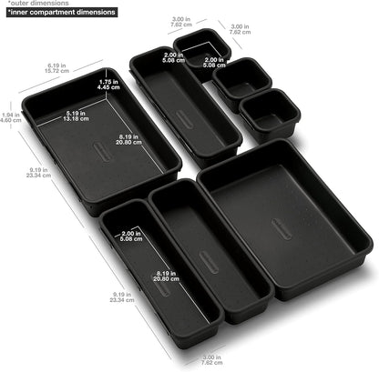 Madesmart 8-Piece Interlocking Bin Pack for Drawer Organization, Plastic Interlocking Junk Drawer Organizer Tray, Granite