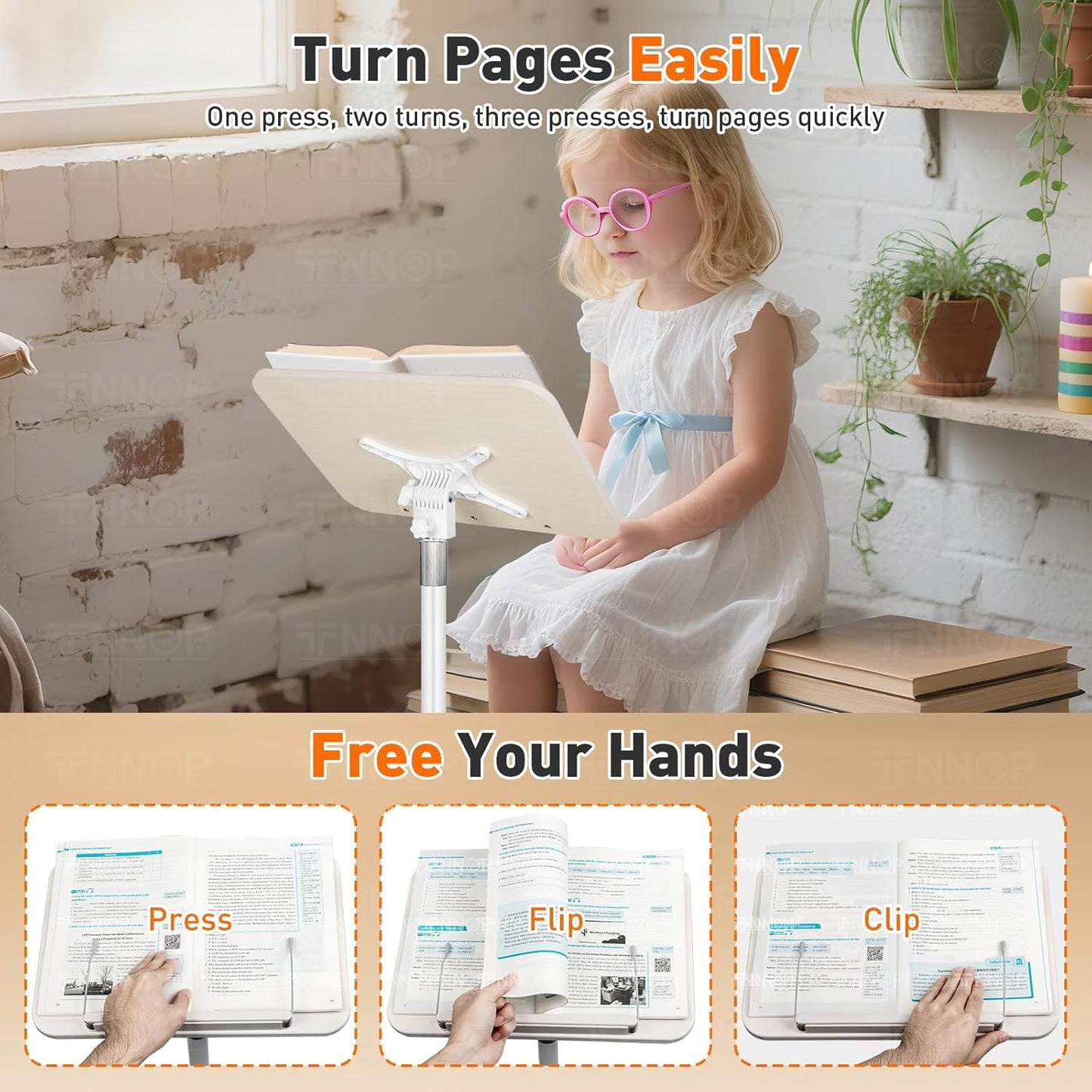 Floor Standing Book Stand, Foldable Book Holder for Reading with Page Clips, 19"–51" Height Adjustable, Sturdy Podium Stand for Reading, Bible, Laptop, Cookbooks, or Projector