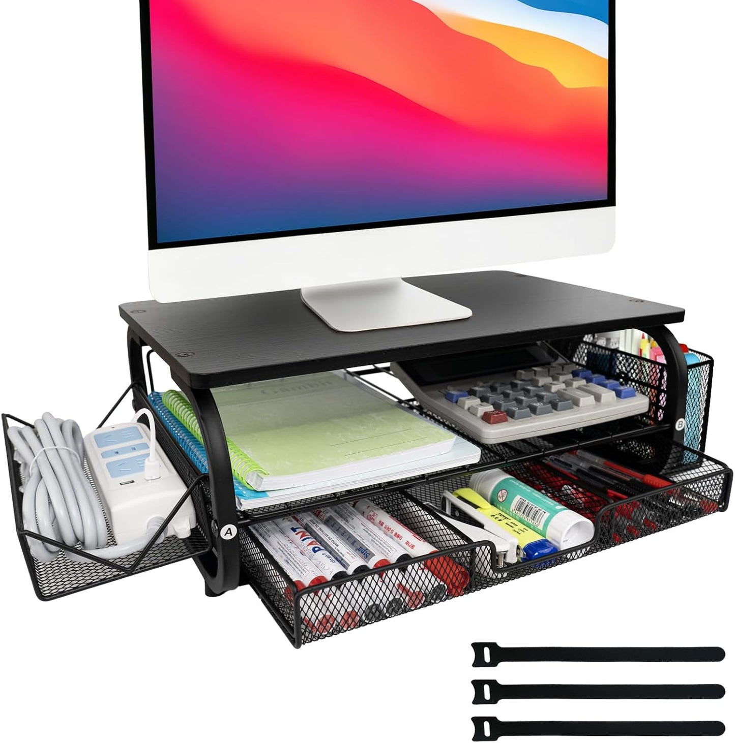 Desk Organizers and Accessories Monitor Riser, Monitor Stand with Drawer (2-Tier Drawers) with Large Side Storage Rack & Cable Management,66LBS/30KG, Office Organization, Walnut Brown