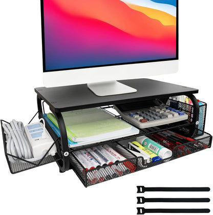 Desk Organizers and Accessories Monitor Riser, Monitor Stand with Drawer (2-Tier Drawers) with Large Side Storage Rack & Cable Management,66LBS/30KG, Office Organization, Walnut Brown