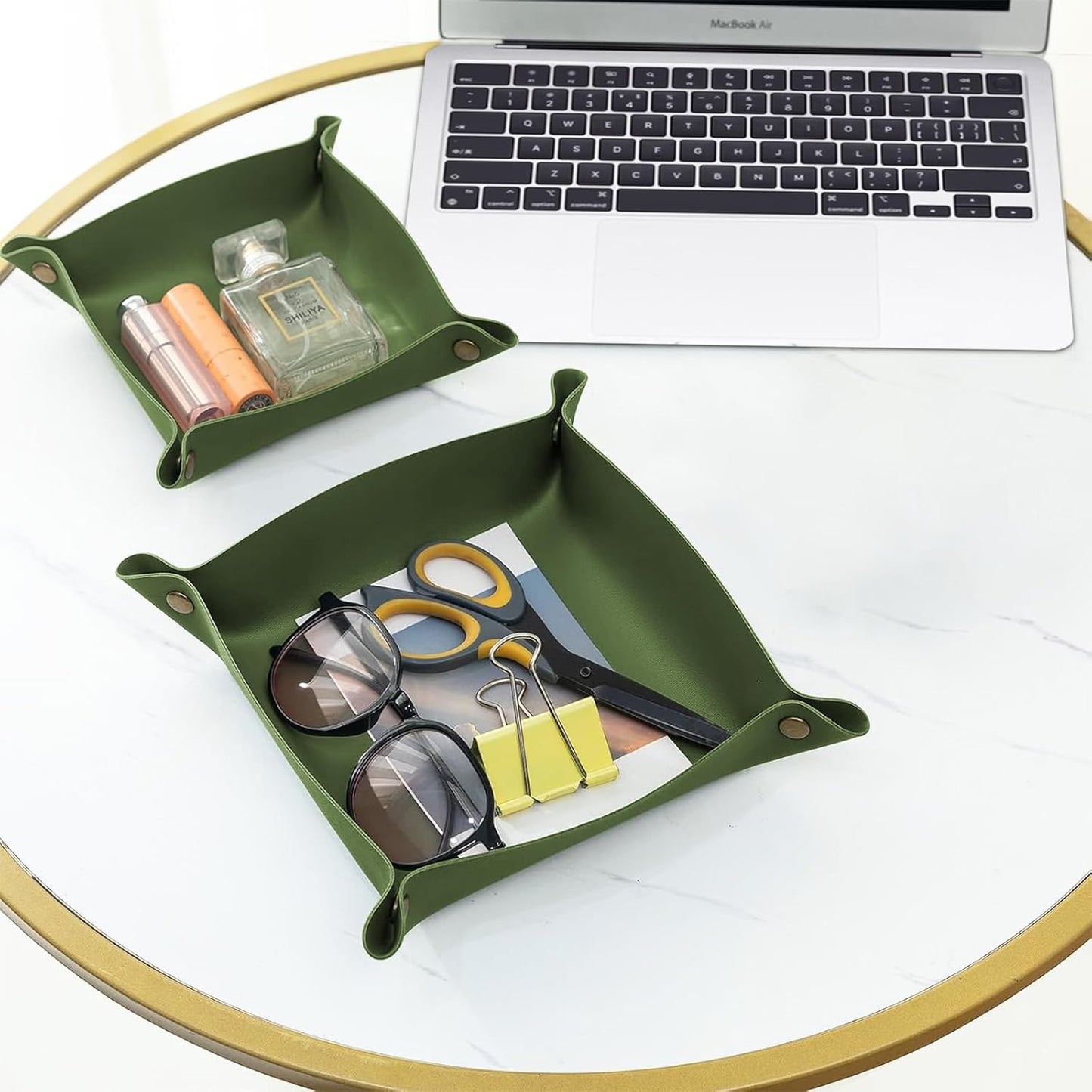 2 Pack (Size:9.84"&7.87") PU Leather Jewelry Valet Tray,Portable Entryway Table Nightstand Desk Tray Catchall Travel Plate Organizer for Phone, Keys, Wallet, Watch,Coin (Black)