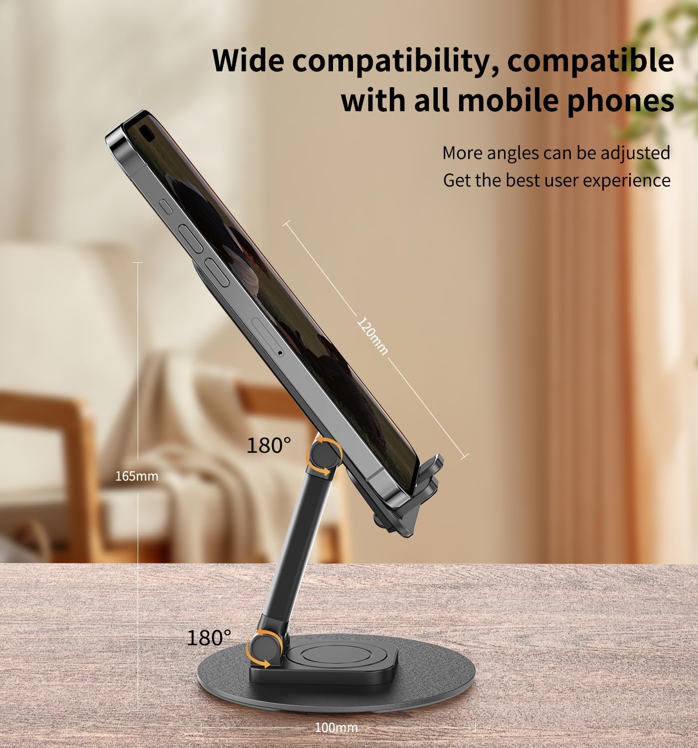 360° Rotating Cell Phone Stand for Desk, Adjustable & Foldable Phone Holder, Aluminum Desktop Phone Stand with Anti-Slip Base, Compatible with iPhone, iPad, Android Phones, K69-Black