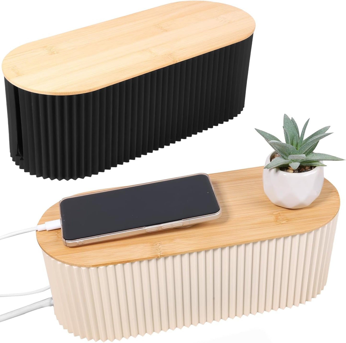 2Pcs Cable Management Box, 13 × 5.12 × 4.33 inch Plastic Cord Hider Box with Wood Lid, Hidden Storage Cord Organizer Box, Ample Internal Space Power Strips Cover Easy Access for Home Office