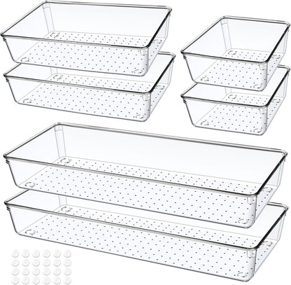 6 Pack Drawer Organizers, Plastic Clear Acrylic Non Slip Non Cracking kitchen drawer organizer Stackable Bathroom Drawer Organizer Trays, Storage Bins for Makeup, Bathroom, Kitchen Office