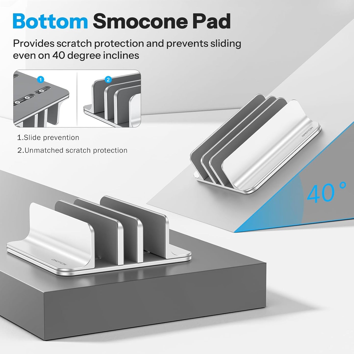 OMOTON Vertical Laptop Stand [Updated 3-Slots Version], Desktop Aluminum Mac Book Stand with Adjustable Dock Size, Fits All Mac Book, Chrome Book and Gaming Laptops (Up to 17.3 inch), Starlight