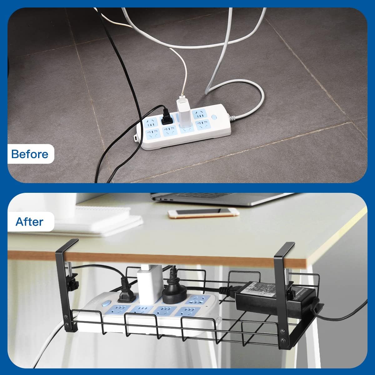 NoDrill 2 Pack 15.7" Under Desk Cable Management Tray, Sturdy Metal Cord Organizer for Office & Home Standing Desk